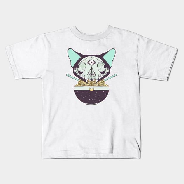 Cat Skull Raman Noodle Bowl Kids T-Shirt by cellsdividing